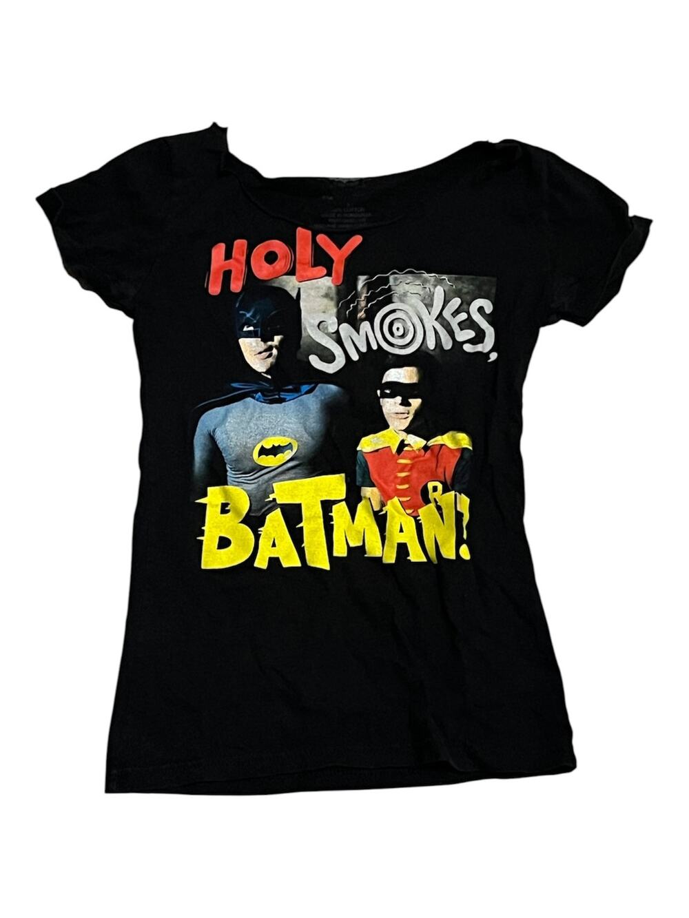Batman Robin Holy Smokes Retro Black Graphic T-Shirt Small DC Comics TV Tee
